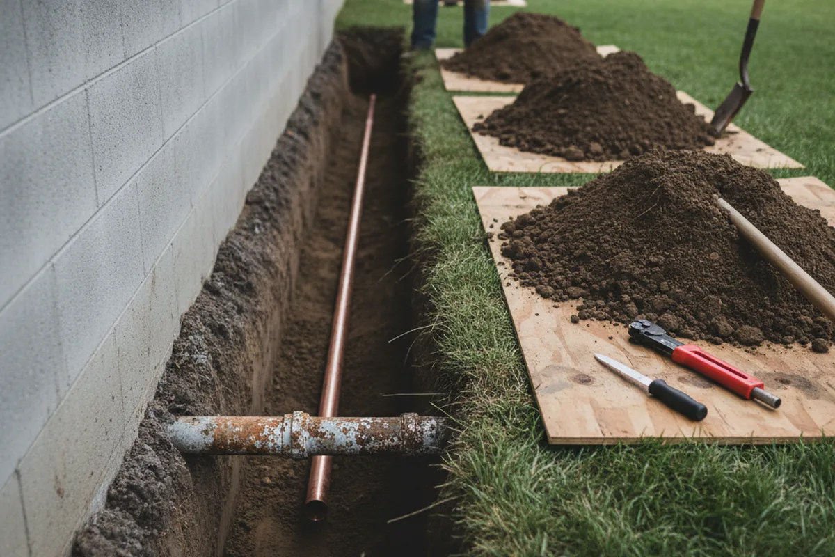 Excavated water line trench during Sewer Line Repair in Sarver